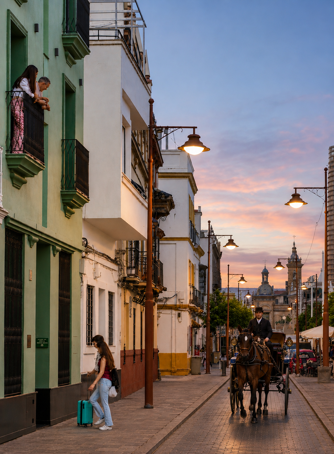 Calle de Sevilla con coche de caballos al atardecer